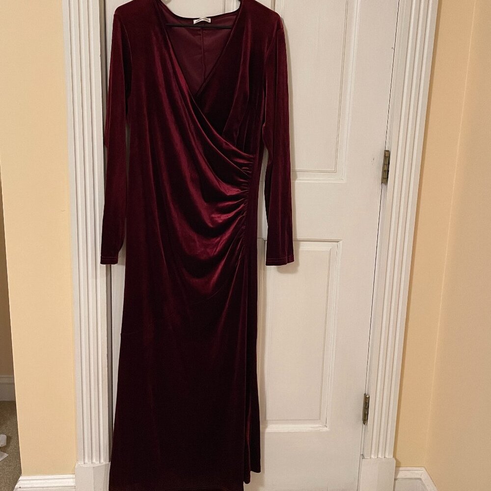Zaberry Maroon Velvet Gown Long Sleeve Long Length Size XL Wrap Front